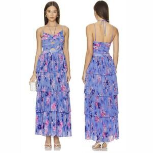 New ASTR Revolve Daytona Pleated Floral Maxi Dress Size S Small PERIWINKLE PINK